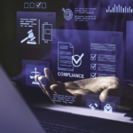 Imagem que mostra uma mão segurando uma tela holográfica com ícones relacionados à conformidade regulatória, leis e auditorias, enfatizando a importância da compliance digital para empresas e organizações.