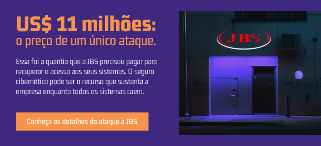 Imagem de uma loja com destaque para a empresa JBS, relacionada a ataques cibernéticos e segurança digital, destacando o impacto financeiro de US$ 11 milhões. Essa imagem enfatiza a importância do seguro cibernético contra ataques hackers.
