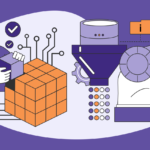 Ilustração moderna sobre governança de dados, apresentando um personagem manipulando um cubo com elementos tecnológicos e gráficos representando o controle e gestão de dados.