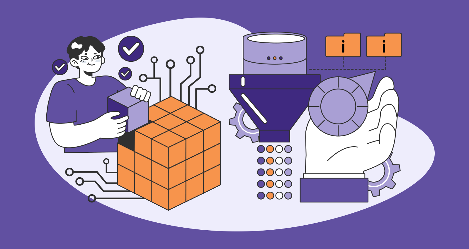 Ilustração moderna sobre governança de dados, apresentando um personagem manipulando um cubo com elementos tecnológicos e gráficos representando o controle e gestão de dados.