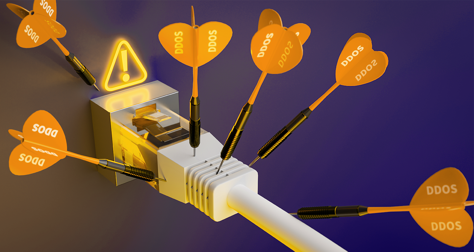 Imagem ilustrativa de ataque de negação de serviço (DDoS) com flechas apontando para uma conexão de internet, simbolizando uma grande ameaça cibernética.