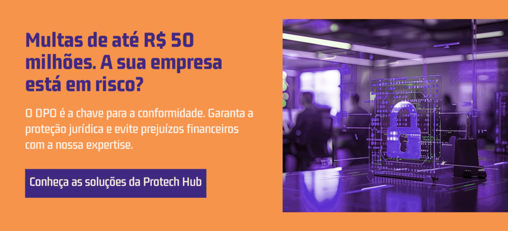 Imagem ilustrativa de segurança digital e proteção de dados com um cadeado digital digital em uma tela de computador e pessoas ao fundo em um escritório moderno.